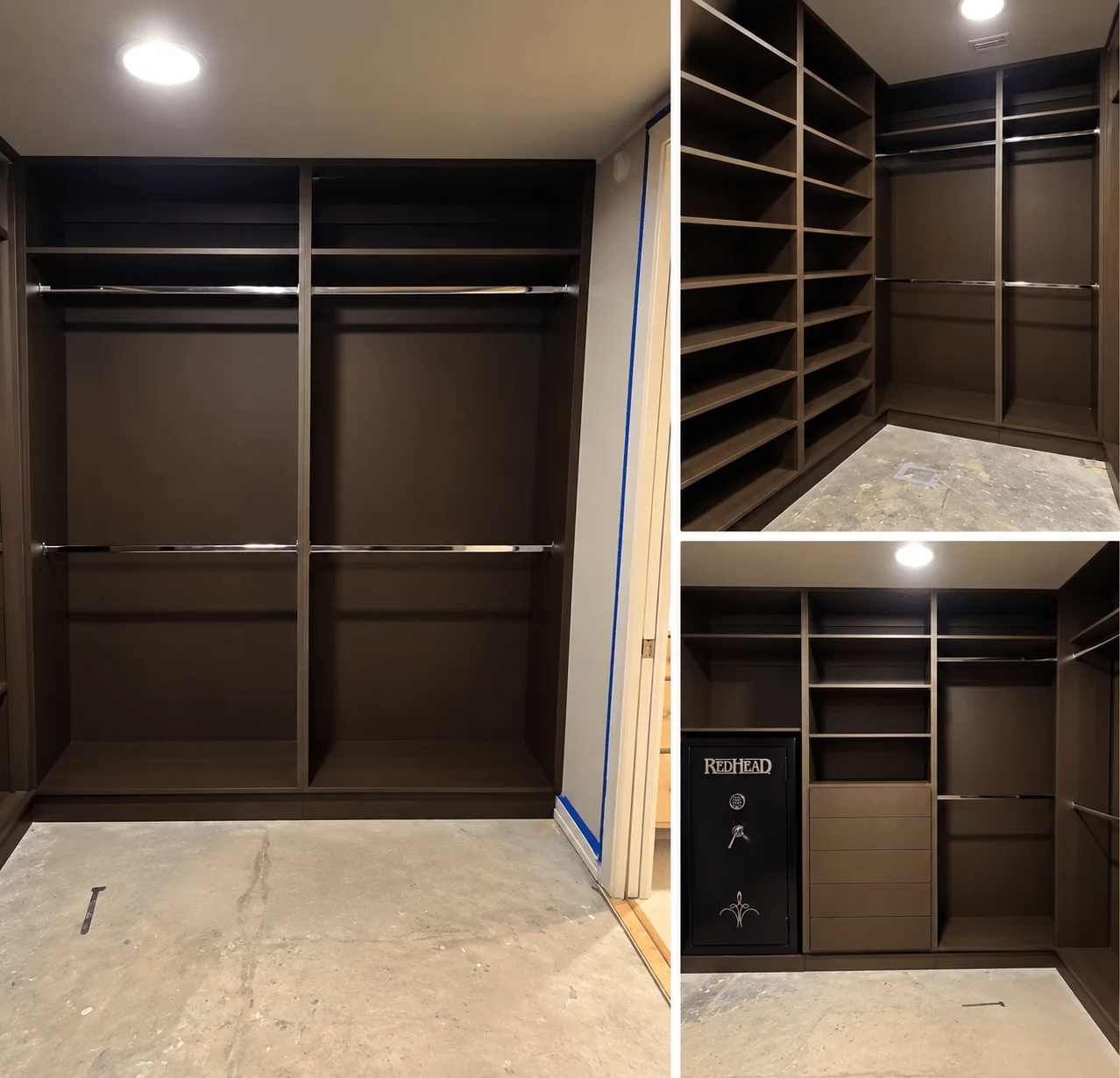 Custom walk-in closet with dark wood shelving and hanging rods