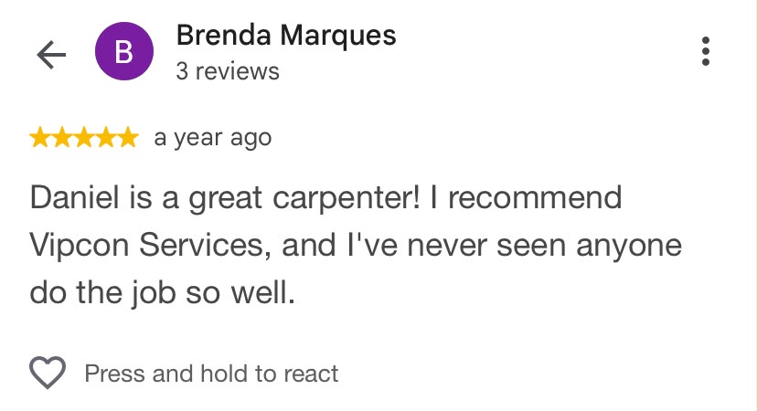 Google review from Brenda Marques, five stars, recommending Daniel’s craftsmanship and Vipcon Services